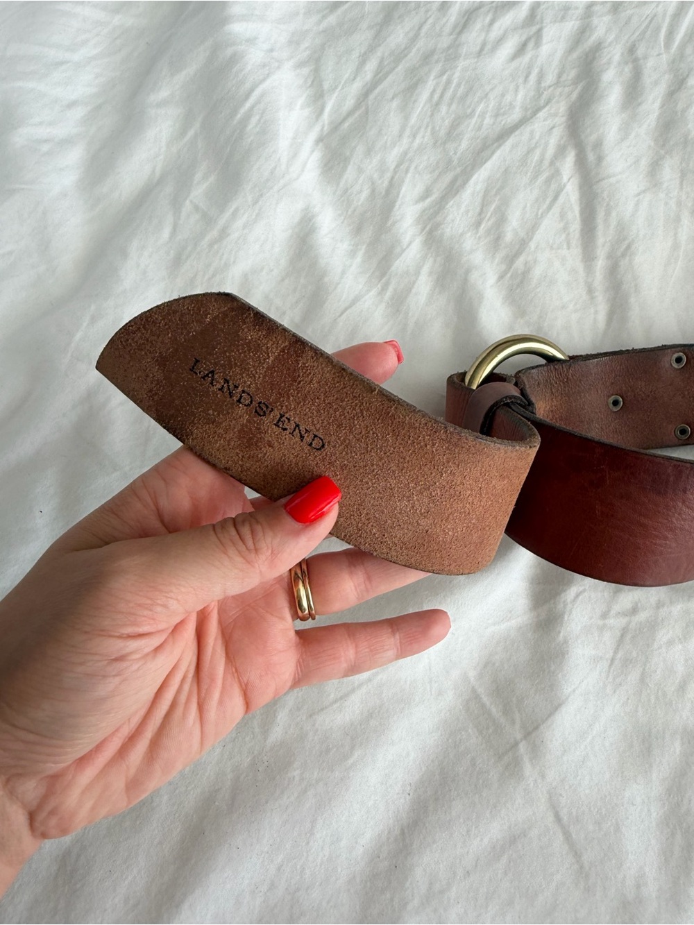Lands End Genuine Brown Leather Belt with Brass Ring Hardware - Picture 7 of 10